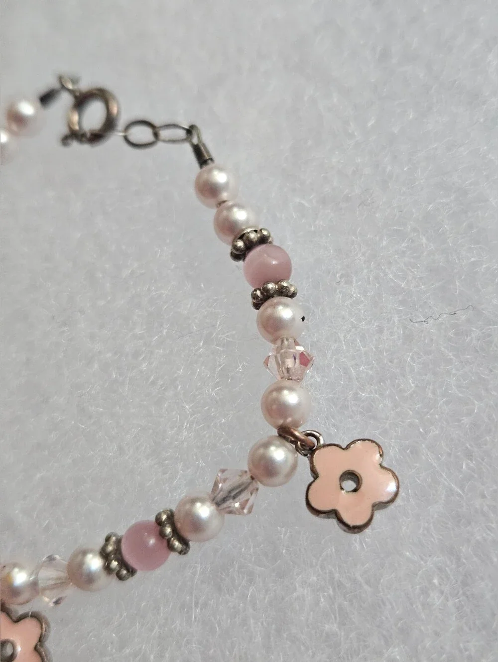 Delicate Pink Flower Charm Beaded Sterling Silver Bracelet Lenght 5